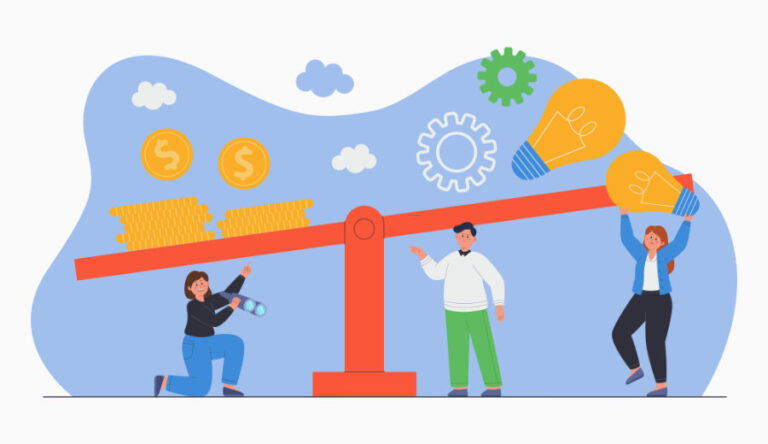 Tiny people measuring money and light bulbs on scales