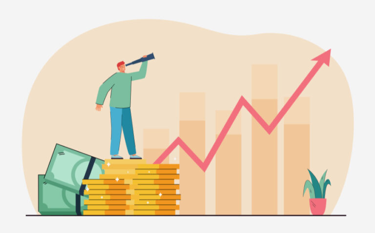 Tiny businessman with spyglass standing on stack of coins
