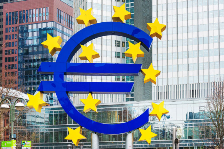 Frankfurt, Germany - January 22, 2019: Euro Sign. European Central Bank (ECB) is the central bank for the euro and administers the monetary policy of the Eurozone in Frankfurt, Germany