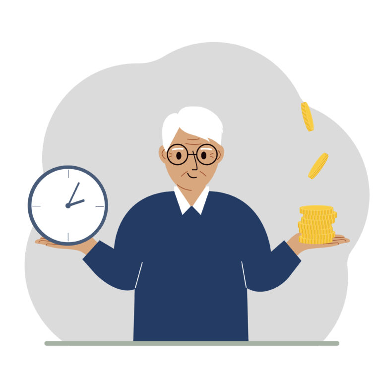 A old man makes a decision or chooses between two options or alternatives, a watch and a pile of coins. The concept of time or money, the balance between work and leisure