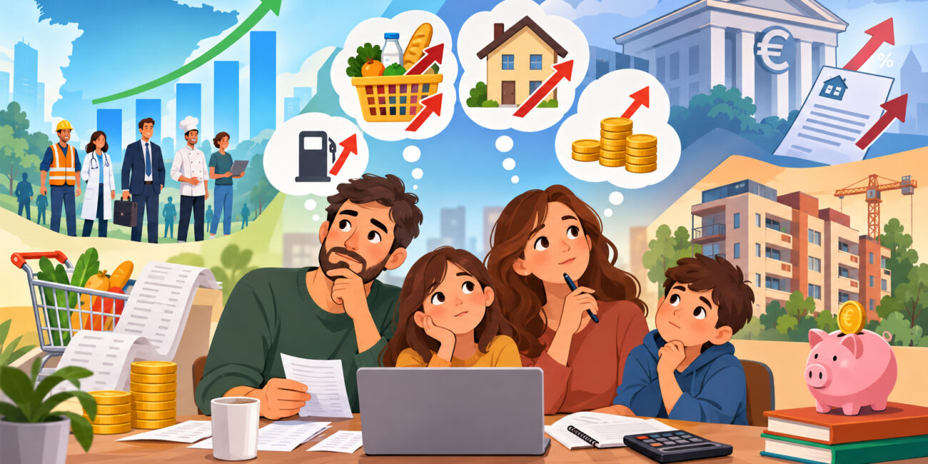 Familia revisando su presupuesto ante la subida de precios, vivienda y tipos de interés