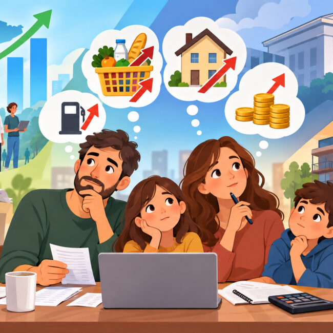 Familia revisando su presupuesto ante la subida de precios, vivienda y tipos de interés