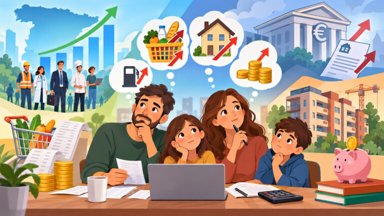 Familia revisando su presupuesto ante la subida de precios, vivienda y tipos de interés
