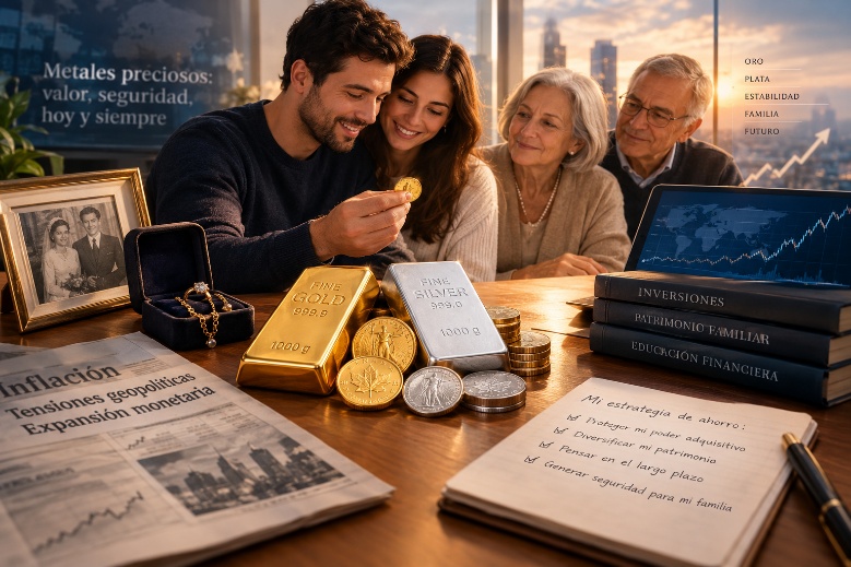 Familia con joyas, monedas y lingotes de oro y plata como patrimonio y ahorro